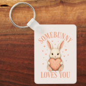 Somebunny Loves You Cute Bunny on Soft Blush キーホルダー (正面)
