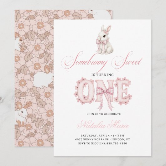 Somebunny Sweet 1st Birthday Spring Floral Invitat 招待状 (正面/裏面)