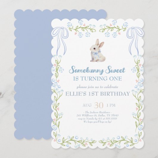 Somebunny Sweet Bunny 1st Birthday Spring Floral I 招待状 (正面/裏面)