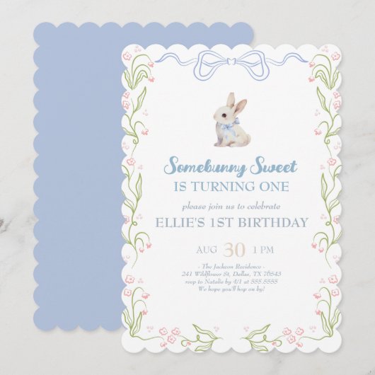 Somebunny Sweet Bunny 1st Birthday Spring Floral I 招待状 (正面/裏面)