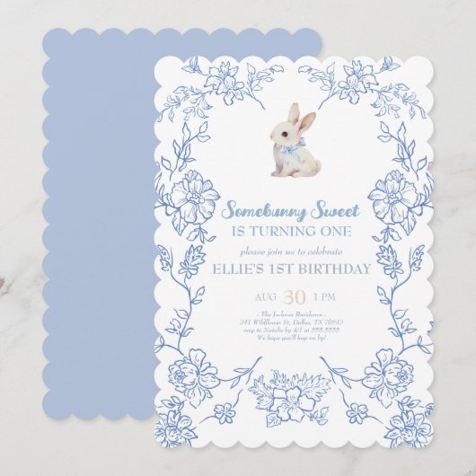 Somebunny Sweet Bunny 1st Birthday Spring Floral I 招待状 (正面/裏面)