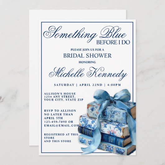 Something Blue Before I Do Elegant Bridal Shower 招待状 (正面/裏面)
