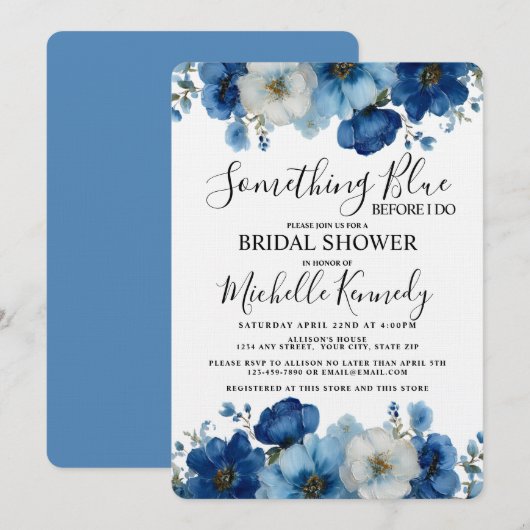 Something Blue Before I Do Floral Bridal Shower 招待状 (正面/裏面)