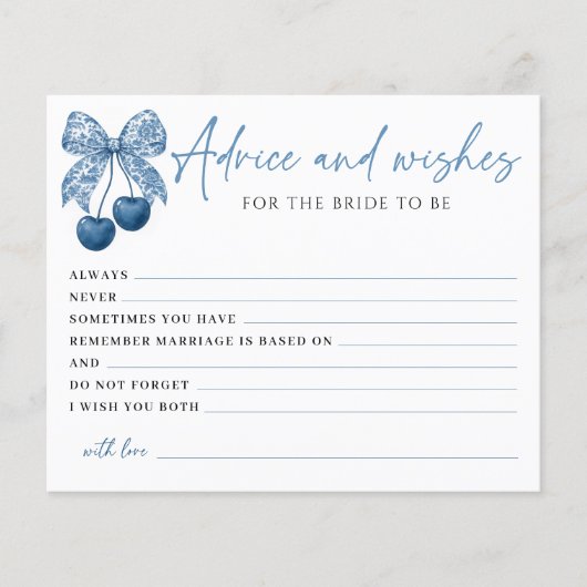 Something Blue Bow Bridal Shower Advice Card (正面)