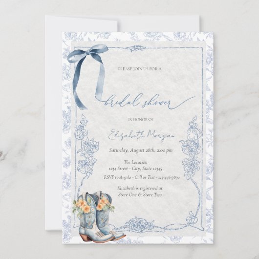 Something Blue Bow Cowboy Boots Floral 招待状 (正面)
