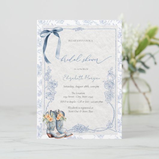 Something Blue Bow Cowboy Boots Floral 招待状 (スタンド正面)