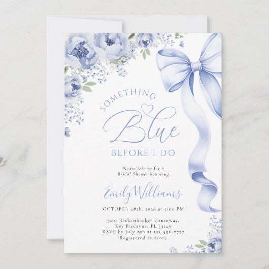 Something Blue Bow Floral Bridal Shower Invitation 招待状 (正面)