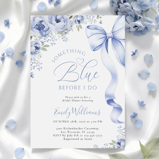 Something Blue Bow Floral Bridal Shower Invitation 招待状