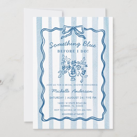 Something Blue Bow Stripe Bridal Shower Invitation 招待状 (正面)