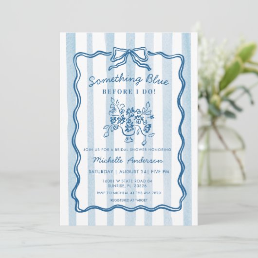 Something Blue Bow Stripe Bridal Shower Invitation 招待状 (スタンド正面)