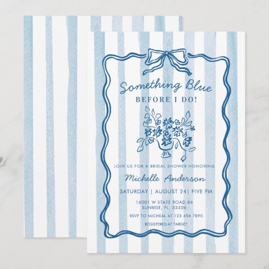 Something Blue Bow Stripe Bridal Shower Invitation 招待状 (正面/裏面)