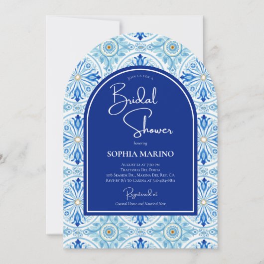 Something Blue Coastal Mediterranean Bridal Shower 招待状 (正面)