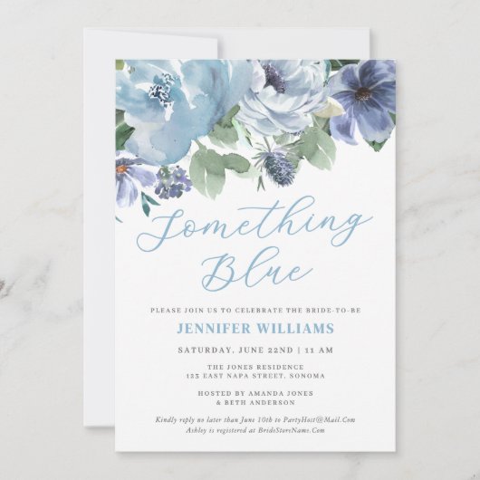 Something Blue Dusty Blue Floral Bridal Shower 招待状 (正面)
