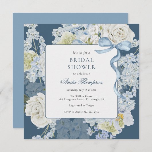 Something Blue Floral Bow Bridal Shower 招待状 (正面/裏面)