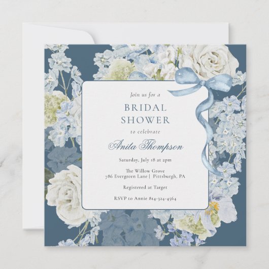 Something Blue Floral Bow Bridal Shower 招待状 (正面)