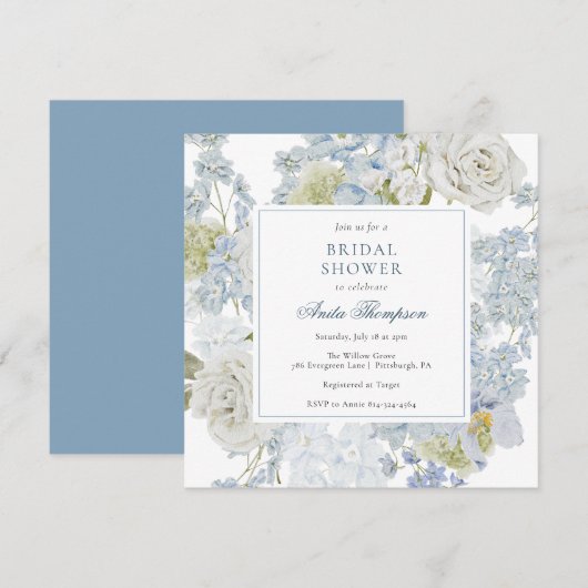 Something Blue Floral Ribbon Bridal Shower 招待状 (正面/裏面)