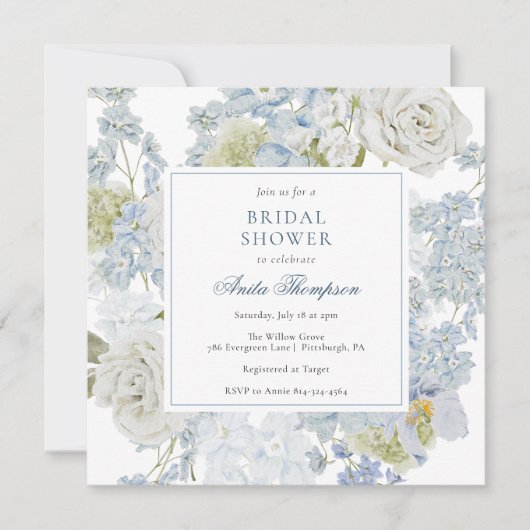 Something Blue Floral Ribbon Bridal Shower 招待状 (正面)