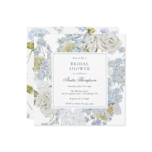 Something Blue Floral Ribbon Bridal Shower 招待状 (正面/裏面インサイチュ)