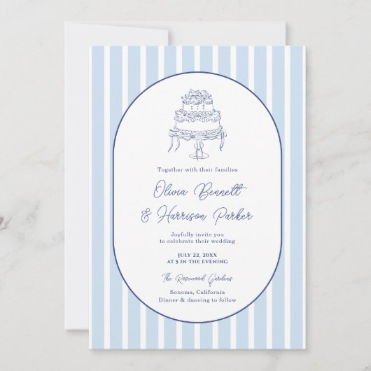Something Blue Hand Drawn Cake Stripe Wedding 招待状 (正面)