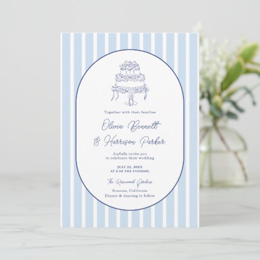 Something Blue Hand Drawn Cake Stripe Wedding 招待状 (スタンド正面)