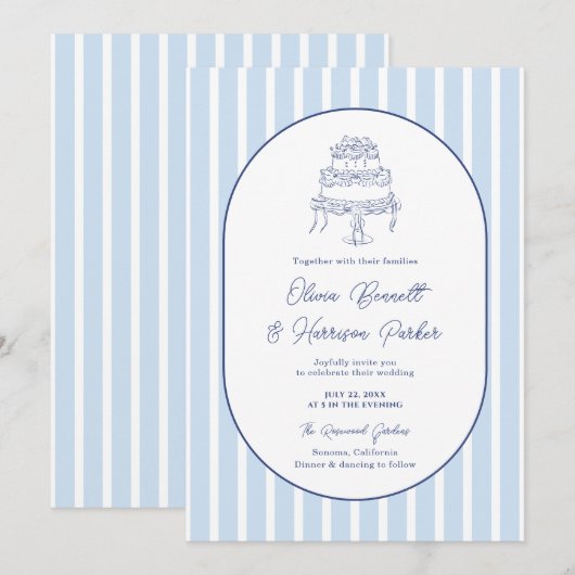 Something Blue Hand Drawn Cake Stripe Wedding 招待状 (正面/裏面)
