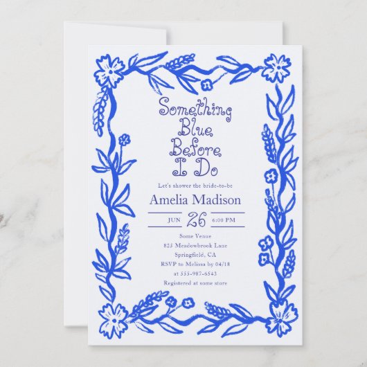 Something Blue Hand Drawn Flower Bridal Shower 招待状 (正面)