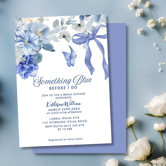 Something Blue White Floral Bow Bridal Shower 招待状