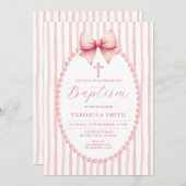Something Pink Bow coquette Pearl Baptism Cross 招待状 (正面/裏面)