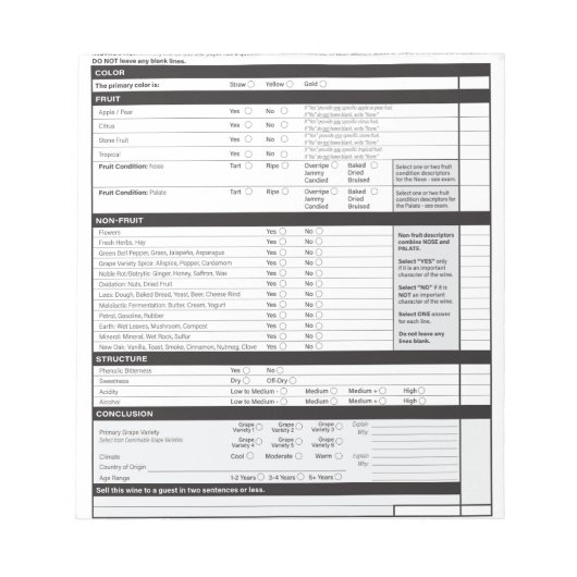 Sommelier Deductive Tasting Grid White Wine Blank  ノートパッド (正面)