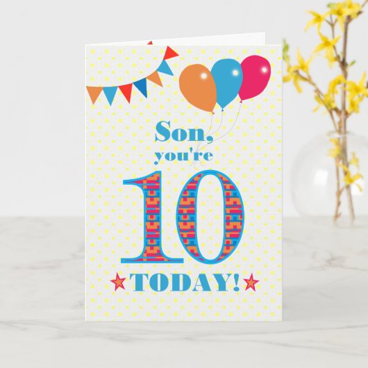 Son 10誕生日Bunting Balloons Card カード (黄色い花)
