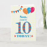 Son 10誕生日Bunting Balloons Card カード<br><div class="desc">10歳の息子のためのカラフル誕生日カード、大きな数の10オレンジ、赤と青のパターンで満たされ、明るい青で輪郭を描いた。上部に風船やバンティングがあり、色の合うフロントの挨拶は、鮮やかな赤と青のレタリングで、「Son,  あなたは10 today!」と、非常に黄色と白の水玉模様の背景に淡い色のは、赤とオレンジの星の単語の各側面に赤とオレンジの文字で表される。内側のメッセージはカスタマイズ簡単に削除もしできる。</div>