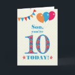 Son 10誕生日Bunting Balloons Card カード<br><div class="desc">10歳の息子のためのカラフル誕生日カード、大きな数の10オレンジ、赤と青のパターンで満たされ、明るい青で輪郭を描いた。上部に風船やバンティングがあり、色の合うフロントの挨拶は、鮮やかな赤と青のレタリングで、「Son,  あなたは10 today!」と、非常に黄色と白の水玉模様の背景に淡い色のは、赤とオレンジの星の単語の各側面に赤とオレンジの文字で表される。内側のメッセージはカスタマイズ簡単に削除もしできる。</div>