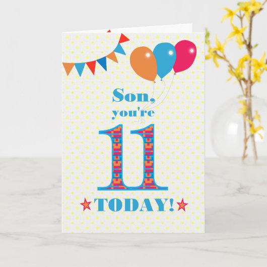 Son 11誕生日Bunting Balloons Card カード (黄色い花)