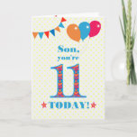 Son 11誕生日Bunting Balloons Card カード<br><div class="desc">11歳の息子のためのカラフル誕生日カード、大きな数の11は、鮮やかな青で縁取られたオレンジ、赤と青のパターンで満たされる。上部に風船やバンティングがあり、色の合うフロントの挨拶は、鮮やかな赤と青のレタリングで、「Son,  あなたは11 today!」と、非常に黄色と白の水玉模様の背景に淡い色のは、赤とオレンジの星の単語の各側面に赤とオレンジの文字で表される。内側のメッセージはカスタマイズ簡単に削除もしできる。</div>