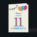 Son 11誕生日Bunting Balloons Card カード<br><div class="desc">11歳の息子のためのカラフル誕生日カード、大きな数の11は、鮮やかな青で縁取られたオレンジ、赤と青のパターンで満たされる。上部に風船やバンティングがあり、色の合うフロントの挨拶は、鮮やかな赤と青のレタリングで、「Son,  あなたは11 today!」と、非常に黄色と白の水玉模様の背景に淡い色のは、赤とオレンジの星の単語の各側面に赤とオレンジの文字で表される。内側のメッセージはカスタマイズ簡単に削除もしできる。</div>