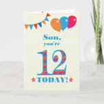 Son 12誕生日Bunting Balloons Card カード<br><div class="desc">12歳の息子のためのカラフル誕生日カード、大きな数の12は、鮮やかな青で縁取られたオレンジ、赤と青のパターンで満たされる。上部に風船やバンティングがあり、色の合うフロントの挨拶は、鮮やかな赤と青のレタリングで、「Son,  あなたは12 today!」と呼ばれる言葉の両側に赤とオレンジの星と非常に黄色と白の水玉模様の背景淡い色のに、赤と白ので表示される。内側のメッセージはカスタマイズ簡単に削除もしできる。</div>