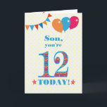 Son 12誕生日Bunting Balloons Card カード<br><div class="desc">12歳の息子のためのカラフル誕生日カード、大きな数の12は、鮮やかな青で縁取られたオレンジ、赤と青のパターンで満たされる。上部に風船やバンティングがあり、色の合うフロントの挨拶は、鮮やかな赤と青のレタリングで、「Son,  あなたは12 today!」と呼ばれる言葉の両側に赤とオレンジの星と非常に黄色と白の水玉模様の背景淡い色のに、赤と白ので表示される。内側のメッセージはカスタマイズ簡単に削除もしできる。</div>