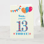 Son 13誕生日Bunting Balloons Card カード<br><div class="desc">13歳の息子のためのカラフル誕生日カード、大規模な数13は、鮮やかな青で輪郭を描いたオレンジ、赤と青のパターンで満たされる。上部に風船やバンティングがあり、色の合うフロントの挨拶は、鮮やかな赤と青のレタリングで、「Son,  あなたは13 today!」と呼ばれる単語の両側に赤とオレンジの星と非常に黄色と白の水玉模様の背景淡い色のに、赤と白ので。内側のメッセージはカスタマイズ簡単に削除もしできる。</div>