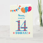 Son 14誕生日Bunting Balloons Card カード<br><div class="desc">14歳の息子のためのカラフル誕生日カード、大きな数の14は、鮮やかな青で縁取られたオレンジ、赤と青のパターンで満たされる。上部に風船やバンティングがあり、色の合うフロントの挨拶は、鮮やかな赤と青のレタリングで、「Son,  あなたは14 today!」と呼ばれる単語の両側に赤とオレンジの星と非常に黄色と白の水玉模様の背景淡い色のに、赤と白ので。内側のメッセージはカスタマイズ簡単に削除もしできる。</div>