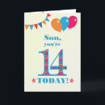 Son 14誕生日Bunting Balloons Card カード<br><div class="desc">14歳の息子のためのカラフル誕生日カード、大きな数の14は、鮮やかな青で縁取られたオレンジ、赤と青のパターンで満たされる。上部に風船やバンティングがあり、色の合うフロントの挨拶は、鮮やかな赤と青のレタリングで、「Son,  あなたは14 today!」と呼ばれる単語の両側に赤とオレンジの星と非常に黄色と白の水玉模様の背景淡い色のに、赤と白ので。内側のメッセージはカスタマイズ簡単に削除もしできる。</div>