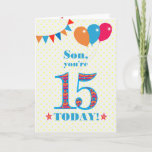 Son 15誕生日Bunting Balloons Card カード<br><div class="desc">15歳の息子のためのカラフル誕生日カード、大きな数の15は、鮮やかな青で縁取られたオレンジ、赤と青のパターンで満たされる。上部に風船やバンティングがあり、色の合うフロントの挨拶は、鮮やかな赤と青のレタリングで、「Son,  あなたは15 today!」と呼ばれる単語の両側に赤とオレンジの星と非常に黄色と白の水玉模様の背景淡い色のに、赤と白ので。内側のメッセージはカスタマイズ簡単に削除もしできる。</div>