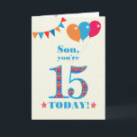 Son 15誕生日Bunting Balloons Card カード<br><div class="desc">15歳の息子のためのカラフル誕生日カード、大きな数の15は、鮮やかな青で縁取られたオレンジ、赤と青のパターンで満たされる。上部に風船やバンティングがあり、色の合うフロントの挨拶は、鮮やかな赤と青のレタリングで、「Son,  あなたは15 today!」と呼ばれる単語の両側に赤とオレンジの星と非常に黄色と白の水玉模様の背景淡い色のに、赤と白ので。内側のメッセージはカスタマイズ簡単に削除もしできる。</div>