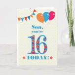 Son 16誕生日Bunting Balloons Card カード<br><div class="desc">16歳の息子のためのカラフル誕生日カード、大規模な数の16は、鮮やかな青で縁取られたオレンジ、赤と青のパターンで満たされる。上部に風船やバンティングがあり、色の合うフロントの挨拶は、鮮やかな赤と青のレタリングで、「Son,  あなたは16 today!」と呼ばれる単語の両側に赤とオレンジの星と非常に黄色と白の水玉模様の背景淡い色のに、赤と白ので。内側のメッセージはカスタマイズ簡単に削除もしできる。</div>