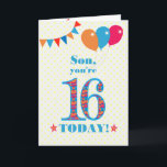 Son 16誕生日Bunting Balloons Card カード<br><div class="desc">16歳の息子のためのカラフル誕生日カード、大規模な数の16は、鮮やかな青で縁取られたオレンジ、赤と青のパターンで満たされる。上部に風船やバンティングがあり、色の合うフロントの挨拶は、鮮やかな赤と青のレタリングで、「Son,  あなたは16 today!」と呼ばれる単語の両側に赤とオレンジの星と非常に黄色と白の水玉模様の背景淡い色のに、赤と白ので。内側のメッセージはカスタマイズ簡単に削除もしできる。</div>