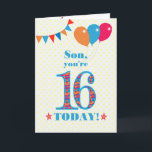 Son 16誕生日Bunting Balloons Card カード<br><div class="desc">16歳の息子のためのカラフル誕生日カード、大規模な数の16は、鮮やかな青で縁取られたオレンジ、赤と青のパターンで満たされる。上部に風船やバンティングがあり、色の合うフロントの挨拶は、鮮やかな赤と青のレタリングで、「Son,  あなたは16 today!」と呼ばれる単語の両側に赤とオレンジの星と非常に黄色と白の水玉模様の背景淡い色のに、赤と白ので。内側のメッセージはカスタマイズ簡単に削除もしできる。</div>