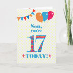 Son 17誕生日バンティングとバルーン用カード カード<br><div class="desc">17歳の息子のためのカラフル誕生日カード、17の大きな数は、鮮やかな青で輪郭を描いたオレンジ、赤と青のパターンで満たされる。上部に風船やバンティングがあり、色の合うフロントの挨拶は、鮮やかな赤と青のレタリングで、「Son,  あなたは17 today!」と呼ばれる単語の両側に赤とオレンジの星と非常に黄色と白の水玉模様の背景淡い色のに、赤と白ので。内側のメッセージはカスタマイズ簡単に削除もしできる。</div>