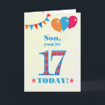 Son 17誕生日バンティングとバルーン用カード カード<br><div class="desc">17歳の息子のためのカラフル誕生日カード、17の大きな数は、鮮やかな青で輪郭を描いたオレンジ、赤と青のパターンで満たされる。上部に風船やバンティングがあり、色の合うフロントの挨拶は、鮮やかな赤と青のレタリングで、「Son,  あなたは17 today!」と呼ばれる単語の両側に赤とオレンジの星と非常に黄色と白の水玉模様の背景淡い色のに、赤と白ので。内側のメッセージはカスタマイズ簡単に削除もしできる。</div>