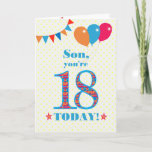 Son 18誕生日バンティングとバルーン用カード カード<br><div class="desc">18歳の息子のためのカラフルの誕生日カード、大規模な番号18は、鮮やかな青で縁取られたオレンジ、赤と青のパターンで満たされる。上部に風船やバンティングがあり、色の合うフロントの挨拶は、鮮やかな赤と青のレタリングで、「Son,  あなたは18 today!」と呼ばれる単語の両側に赤とオレンジの星と非常に黄色と白の水玉模様の背景淡い色のに、赤と白ので。内側のメッセージはカスタマイズ簡単に削除もしできる。</div>