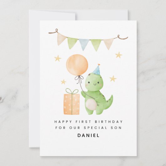 Son 1st Birthday Card Cute Watercolor Dinosaur カード (正面)