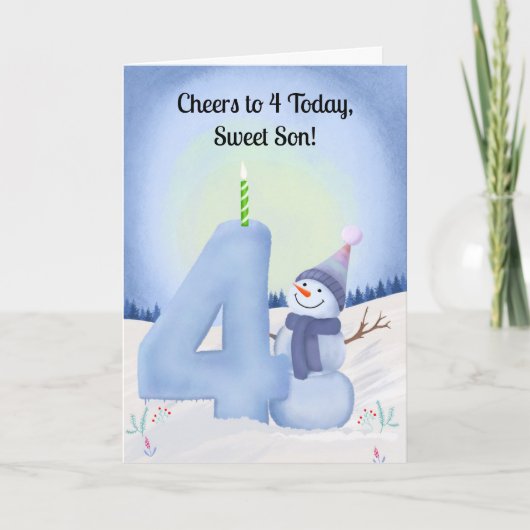 Son 4th Birthday Snowman with Snowy Four カード (正面)